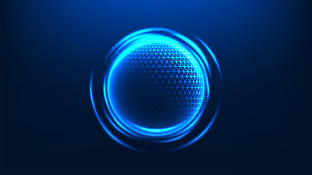 Technology background quantum sphere with internal connected structures and surrounding energy fields, representing quantum computing, advanced data processing, complex systems, scientific innovation