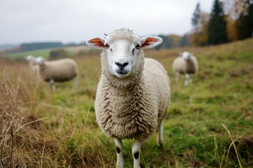 Fototapeta premium Funny sheep on the field during a cloudy day with green grass and other sheep in the background