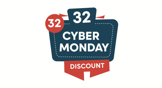 Cyber Monday 32% Discount Sale Badge with Ribbons and Number 32