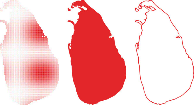 Three red outlines and filled maps of Sri Lanka island country in different styles dot map