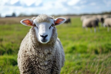 Obraz premium Funny sheep stands in a green field while other sheep graze in the background on a sunny day