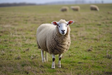 Fototapeta premium Funny sheep stands in a green field while other sheep graze in the background on a clear sunny day