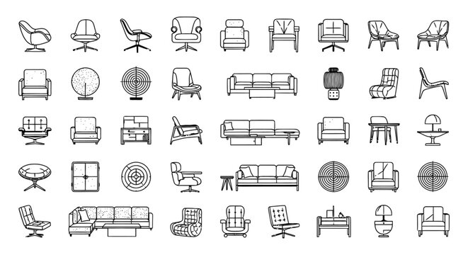 a collection of line art icons of modern furniture and decorative objects interior design elements