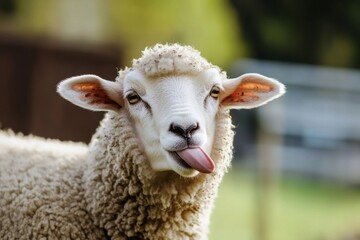 Obraz premium Funny sheep shows its tongue in a playful pose on a sunny day in the green pasture