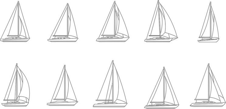 Collection of ten grey line sailboat with different sail configurations yacht sailing watercraft