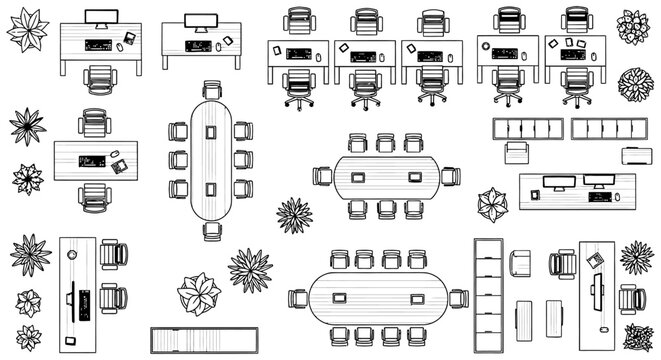 top view floor plan of modern office interior with desks chairs and plants