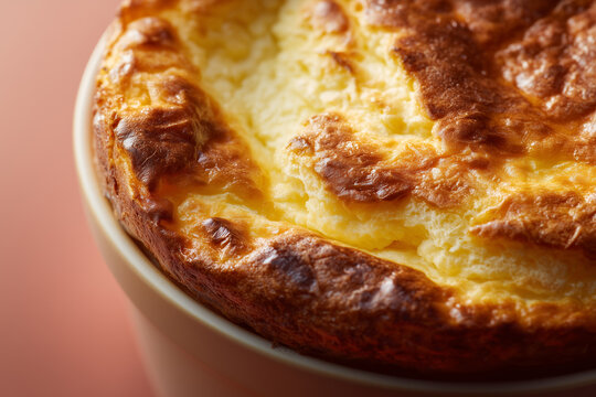 Golden airy crust texture close up of freshly baked cheese souffle detail. Baking and pastry concept.