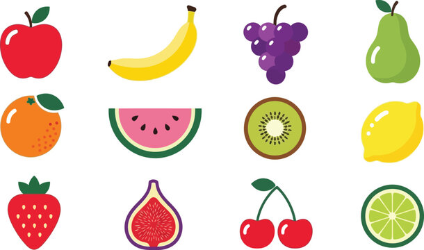 Collection of twelve colorful, flat-style fruit on a white background, apple banana grapes pear orange