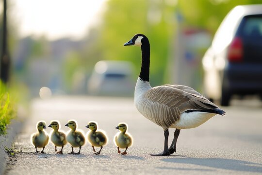 Goose leads its goslings across a street in a suburban area during the day