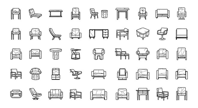 Comprehensive Architectural Furniture Block Library with Autocad 2D CAD Plan Vector Icons for Interior Design Floor Plans featuring Sofa and Couch Technical Blueprint.