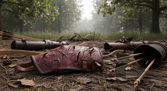 Worn Leather Bracers and Arrows in a Forest Clearing