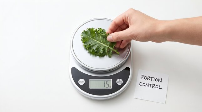 Close-up of a hand weighing a kale leaf on a digital scale for a healthy eating routine