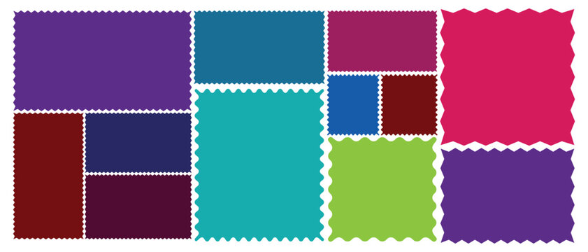 Set of zigzag frames edge colourful Geometric shapes with scallop and zigzag edges set. Vector zigzag objects for mail, postcard, letter, note, badge, sticker, photo, frame. Vector illustration.