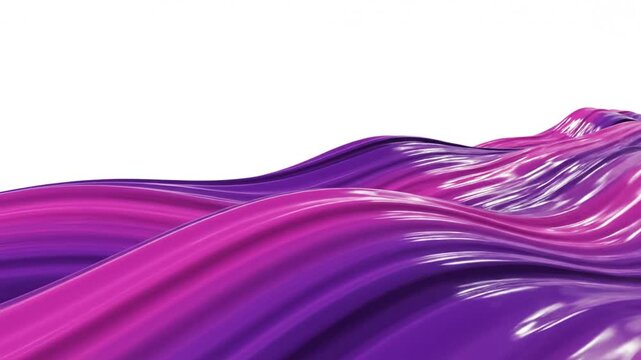Vibrant pink and purple abstract waves with a glossy liquid texture flowing across the bottom of the frame against a plain white background in a 3D rendered style.