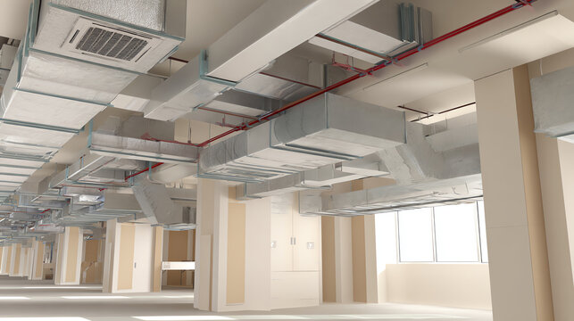 Spacious interior featuring modern air conditioning ductwork and minimalistic design elements for commercial use.