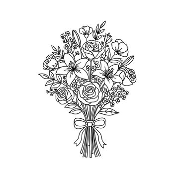 Black and White, Outline Hand drawn wedding and Bachelorette theme illustration, fine line art style