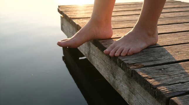 Close-up of two feet enjoying a peaceful sunset routine by dipping toes in lake water from a wooden pier.
