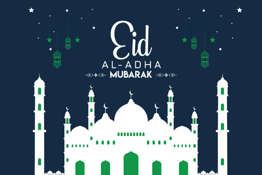 Eid al-Adha Mubarak celebration with lanterns, crescent moon, and mosque silhouette

