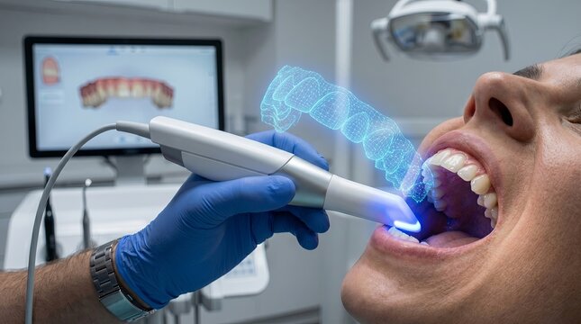 Digital dental impression. Intraoral scanner capturing patient teeth and smile