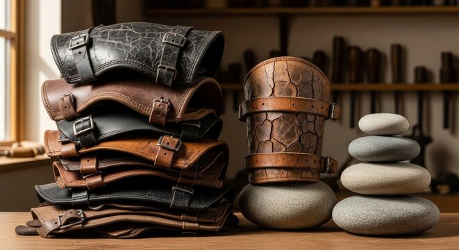 Stack of Worn Leather Arm Bracers