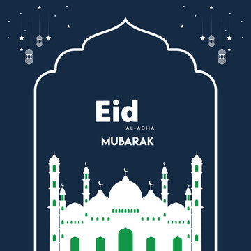 Eid al-Adha Mubarak celebration with lanterns, crescent moon, and mosque silhouette
