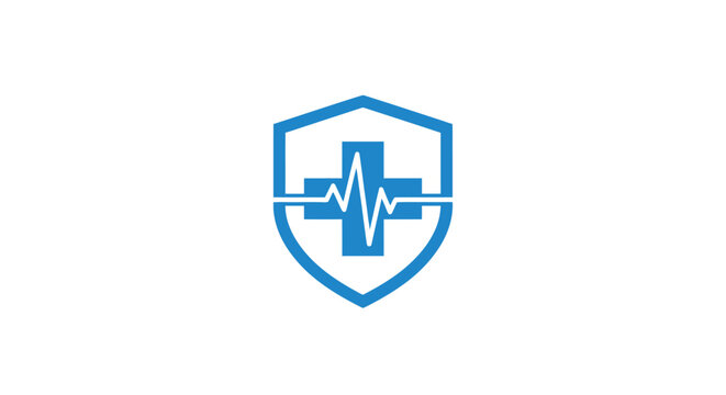 Medical shield logo with heartbeat line.