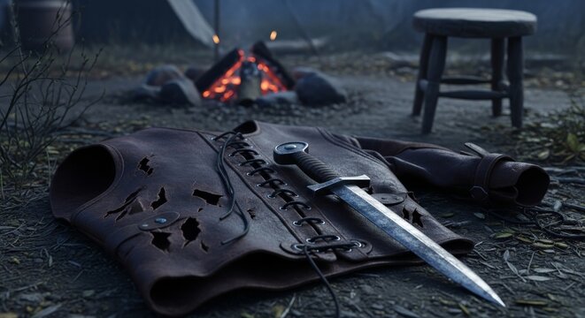 Worn Leather Jerkin With Sword and Campfire