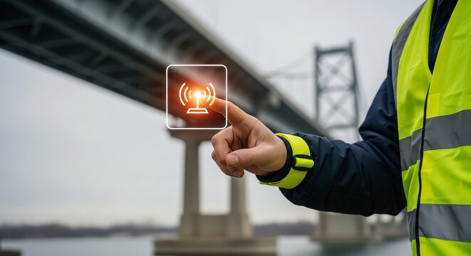 Close-up of a construction worker in a high-visibility vest touching a holographic icon of a signal tower over a bridge