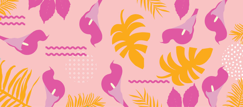 Seamless Vector Floral Pattern with Elegant Pink Calla Lilies and Abstract White Leaves on Soft Pastel Background for Textile and Wallpaper Design