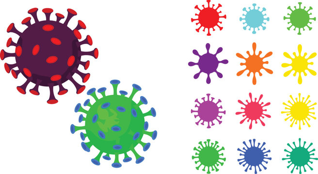 Colorful virus icons and detailed coronavirus particles set illustrating microbiology, infection spread, healthcare awareness, pandemic concept, and medical vector illustration