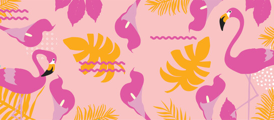 Naklejka premium Seamless Vector Floral Pattern with Elegant Pink Calla Lilies and Abstract White Leaves on Soft Pastel Background for Textile and Wallpaper Design
