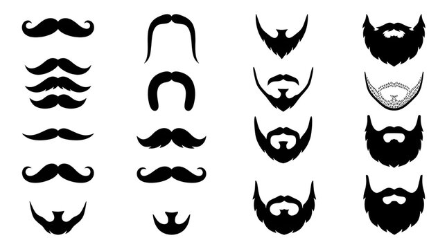 Mustache and beard icon set with various facial hair silhouettes isolated on white background