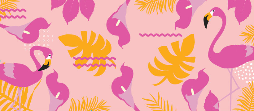Seamless Vector Floral Pattern with Elegant Pink Calla Lilies and Abstract White Leaves on Soft Pastel Background for Textile and Wallpaper Design