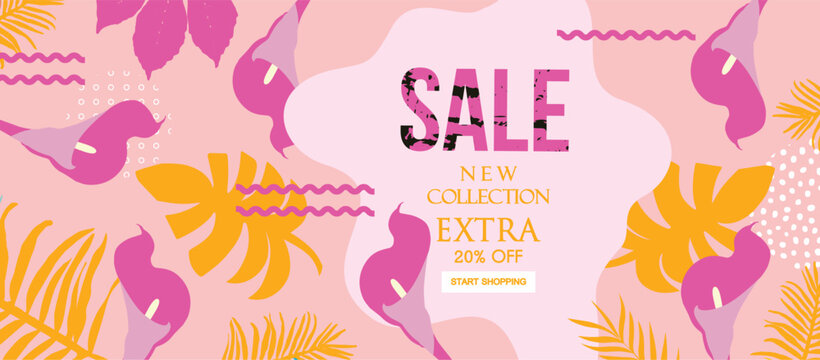Sale website banner. Sale tag. Sale promotional material vector illustration. Design for ad, social media banner, brochure, email, flyer, leaflet, newsletter, placard, poster, web sticker