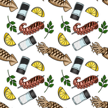 Seamless vector pattern of grilled squid, octopus tentacles, lemon slices, parsley sprigs, salt and pepper shakers