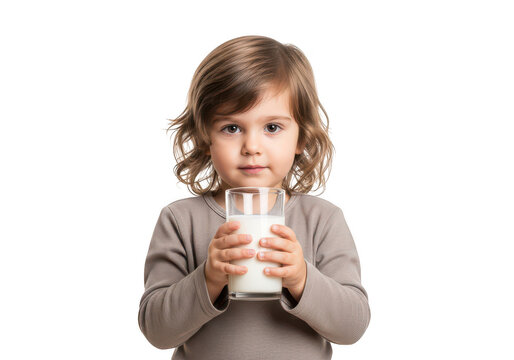 Young child holding a small cup of milk with curiosity and joy