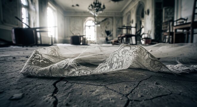 Torn wedding veil in abandoned ornate room