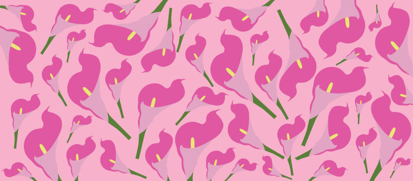 Seamless Vector Floral Pattern with Elegant Pink Calla Lilies and Abstract White Leaves on Soft Pastel Background for Textile and Wallpaper Design