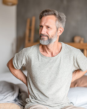 A middle-aged man sits on a bed, holding his lower back and expressing discomfort, likely due to back pain.
