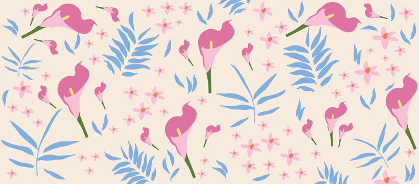 Seamless Vector Floral Pattern with Elegant Pink Calla Lilies and Abstract White Leaves on Soft Pastel Background for Textile and Wallpaper Design