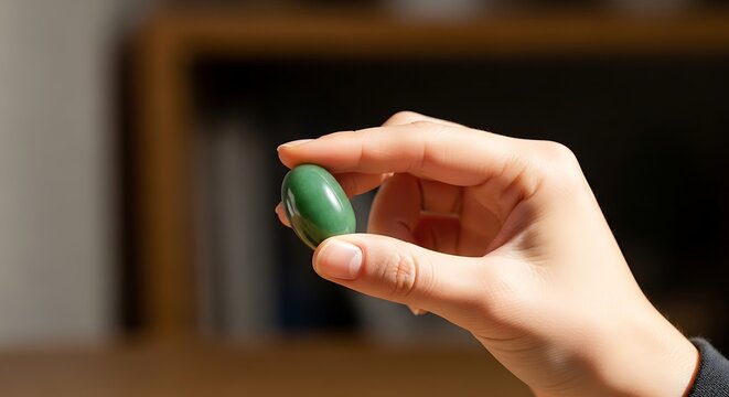 Hand holding a smooth polished green jade gemstone close up