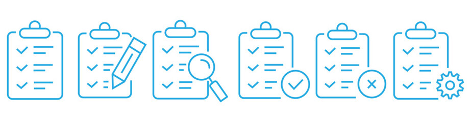 Outline clipboard icon set with checkmark and cross, Checklist Report Symbol, Task Management UI Element, Document Edit Graphic, Line Art Vector Collection © Daishin