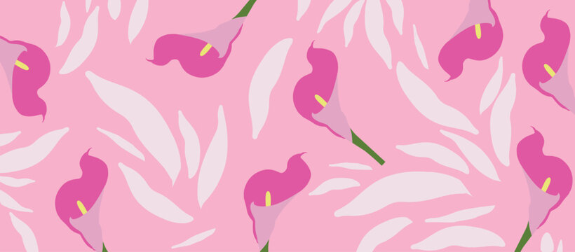 Seamless Vector Floral Pattern with Elegant Pink Calla Lilies and Abstract White Leaves on Soft Pastel Background for Textile and Wallpaper Design