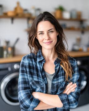 A woman in a plaid shirt stands confidently with arms crossed in a modern, cozy laundry room.