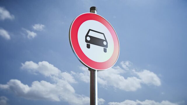 Rotating no cars allowed traffic sign with red border on pole against blue sky, 3D road symbol animation loop with static camera and alpha channel overlay