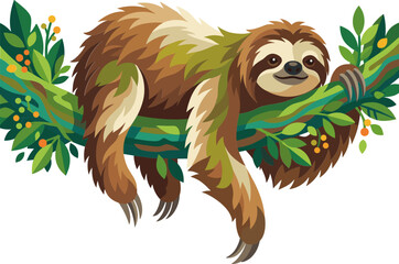 Fototapeta premium Brown sloth resting on a mossy tree limb in the jungle