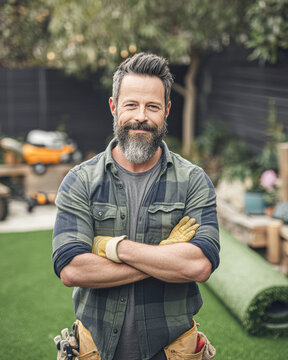 A confident bearded man in work gloves stands in a backyard, arms crossed, with landscaping tools and turf visible behind him.