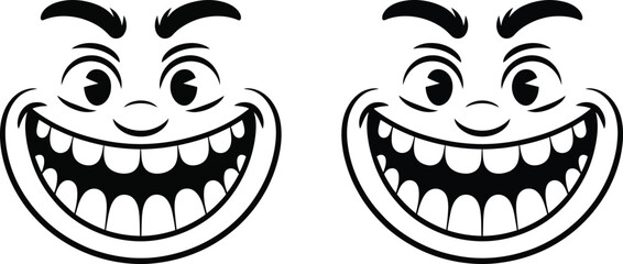 Set of cartoon monster faces with wide toothy grins and expressive eyebrows on transparent surface. © MOSTLAKI