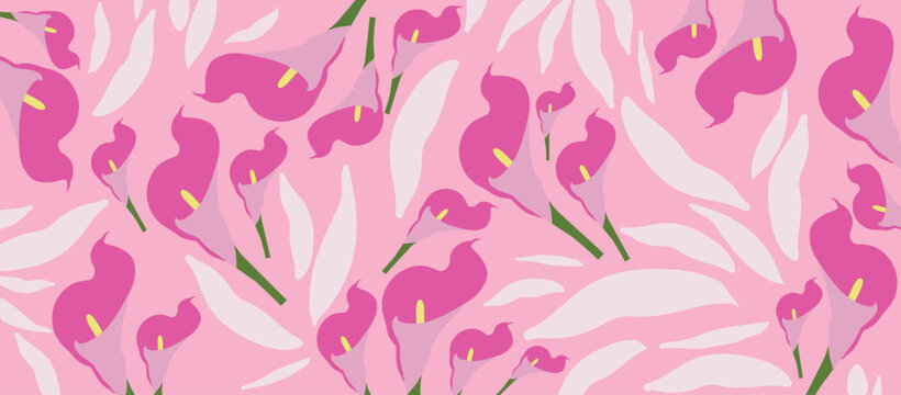 Seamless Vector Floral Pattern with Elegant Pink Calla Lilies and Abstract White Leaves on Soft Pastel Background for Textile and Wallpaper Design