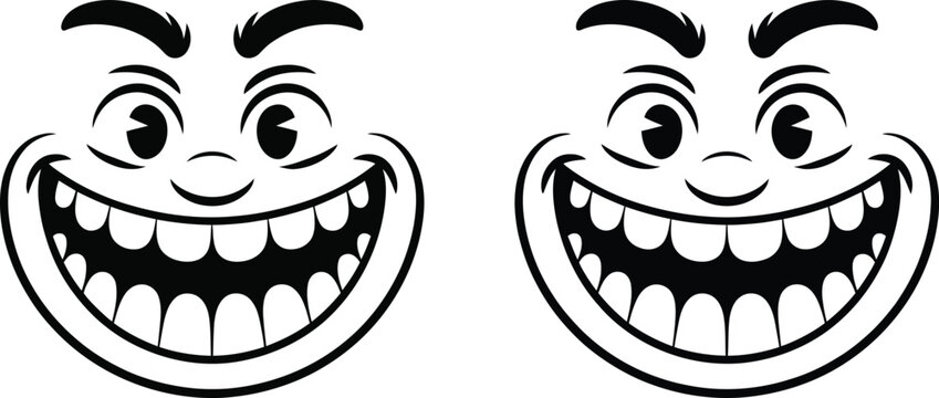 Set of cartoon monster faces with wide toothy grins and expressive eyebrows on transparent surface.